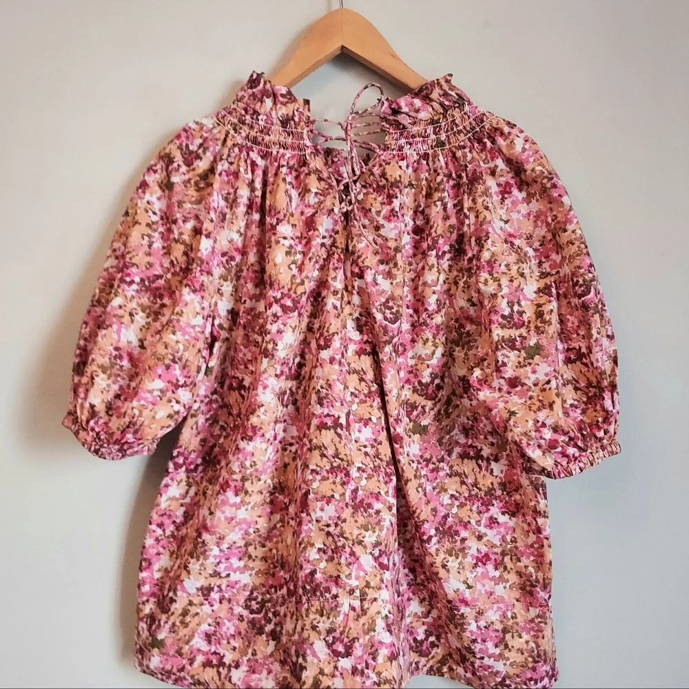 J. Crew Medium Smocked Floral Short Puff Sleeve Pink Floral Blouse Tie Back